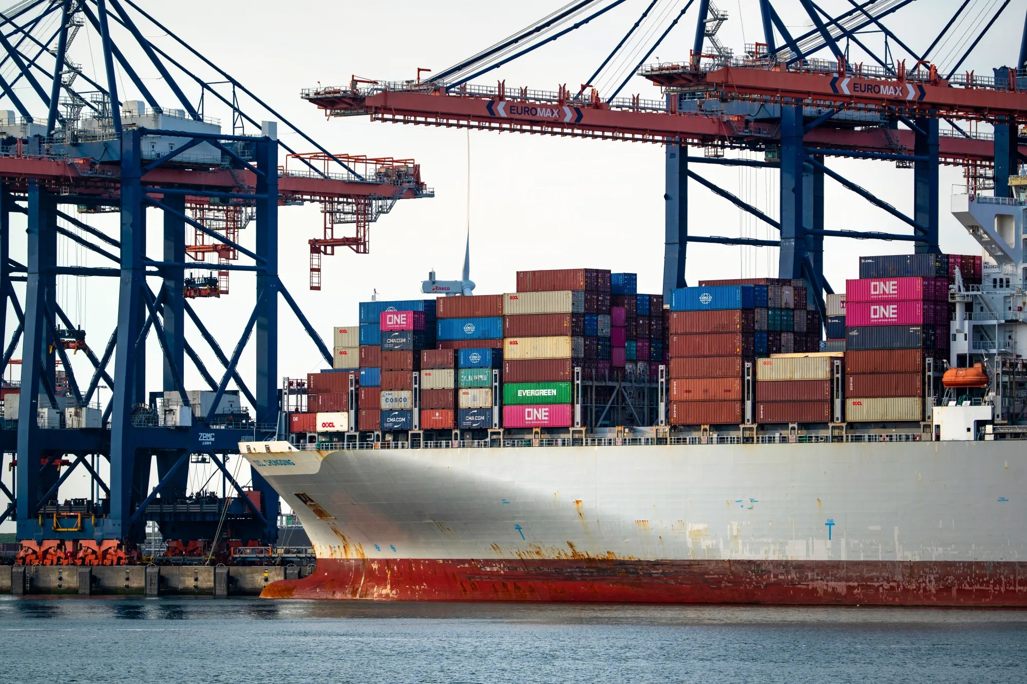 A container ship on the dockside at the Euromax Terminal in the Port of Rotterdam, in Rotterdam, Netherlands.