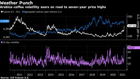 Coffee Surges to 7-Year Highs With More Cold Headed for Brazil