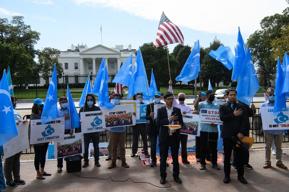 Uighurs protest the 71st anniversary of the People's Republic of China in front of the White House on Oct. 1, 2020. 