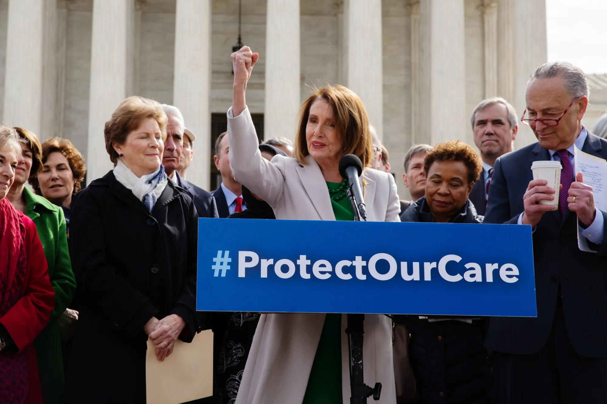 Nancy Pelosi, center,&nbsp;during an event&nbsp;on protecting the Affordable Care Act outside the Supreme Court Building in Washington, D.C., on April 2.