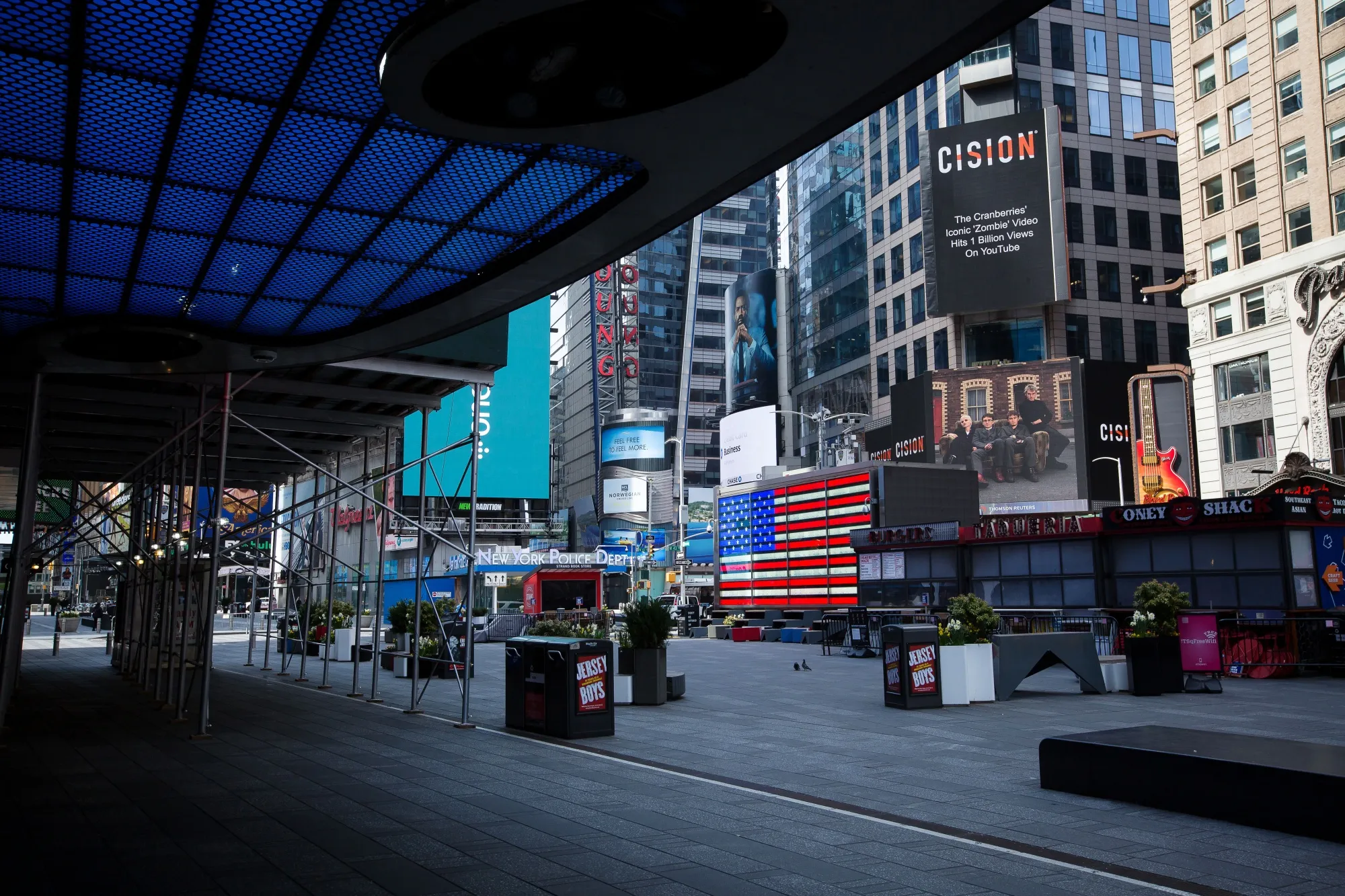 Times Square is seen mostly empty in New York on April 21.