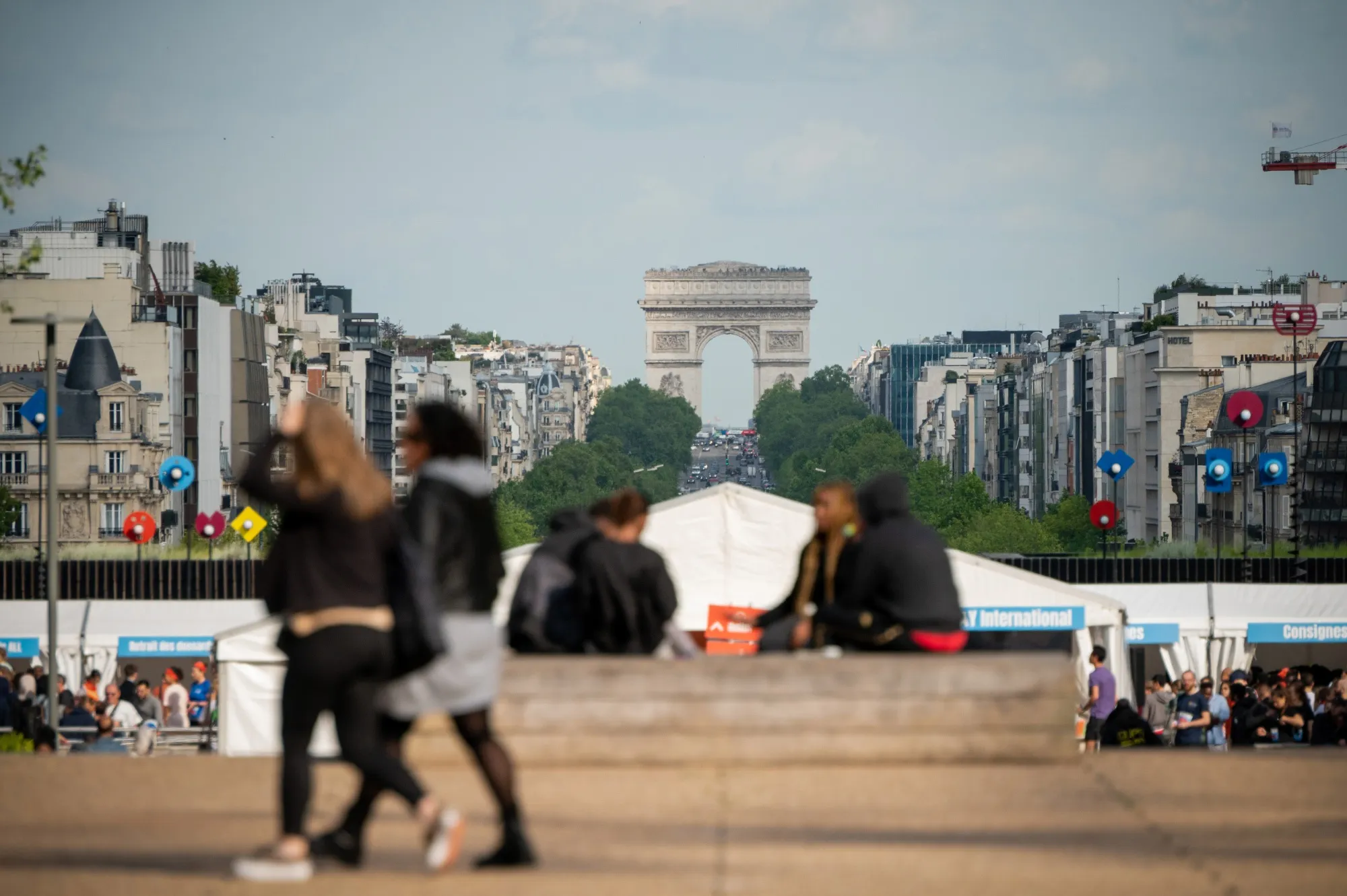 The Arc de Triomphe on the city skyline in Paris.