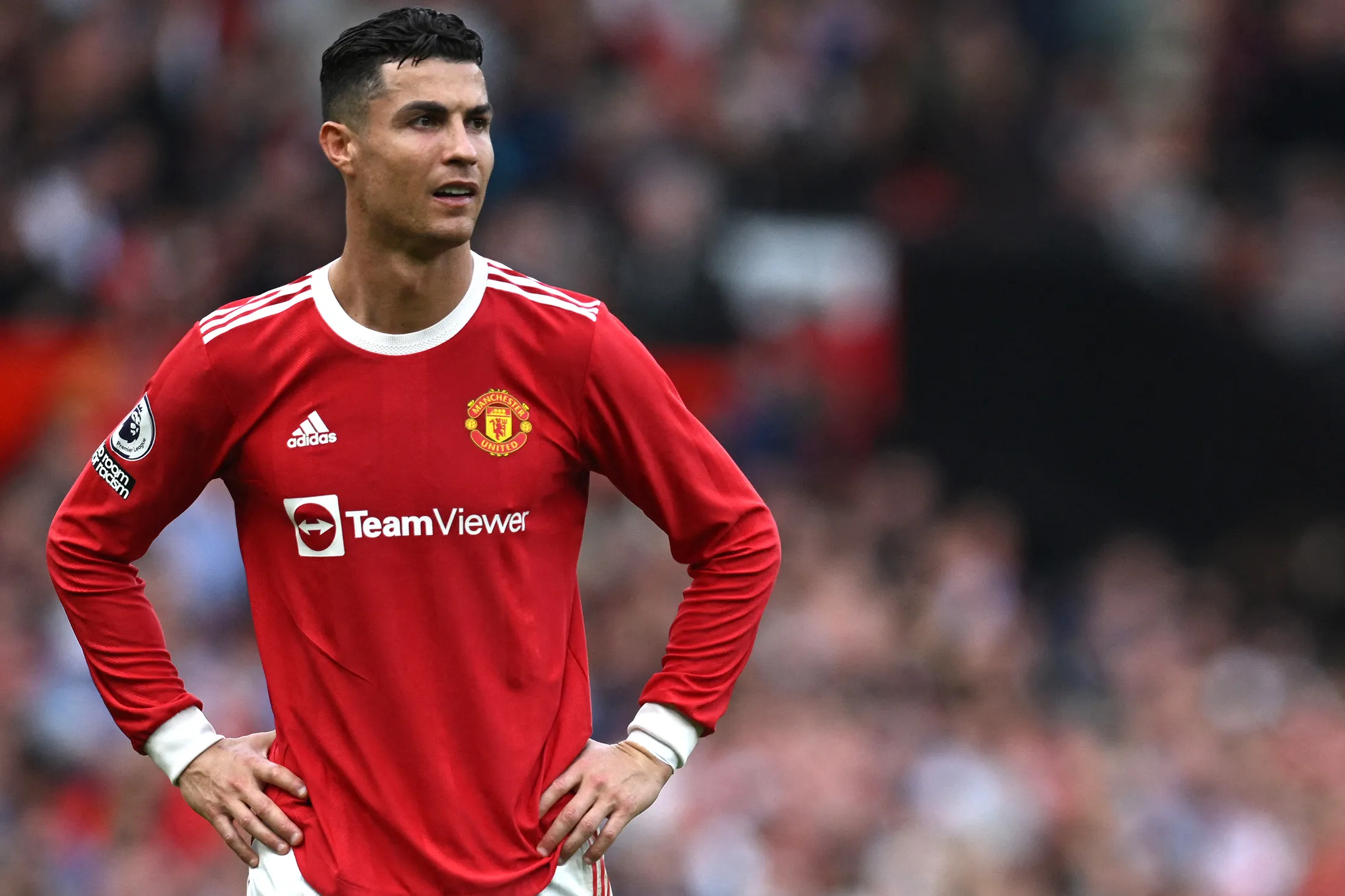 Cristiano Ronaldo looks on during the English Premier League football match between Manchester United and Norwich City at Old Trafford in Manchester,&nbsp;England, on April 16.
