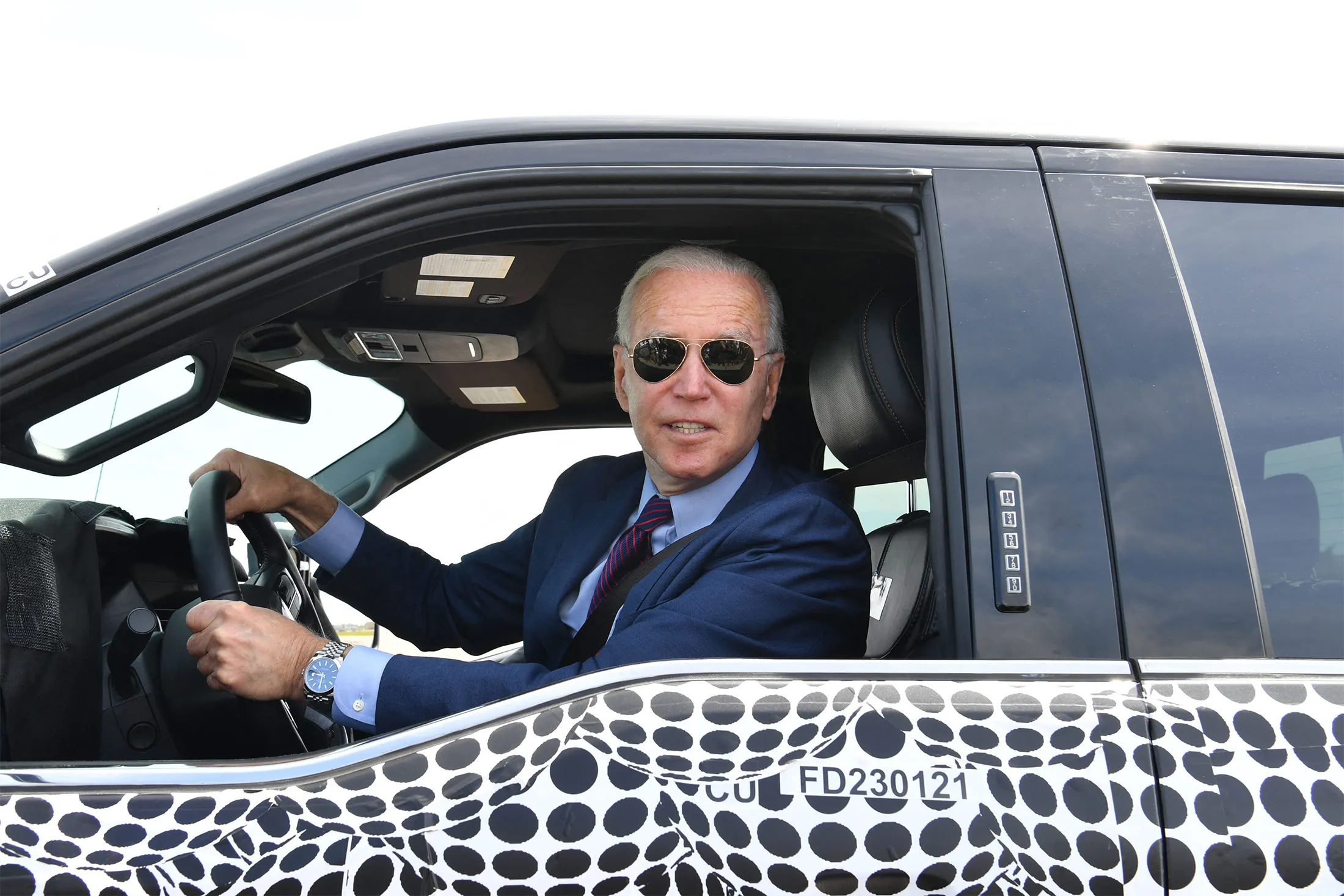 Joe Biden drives a F-150 Lightning pickup&nbsp;truck&nbsp;in Dearborn, Michigan, on May 18.