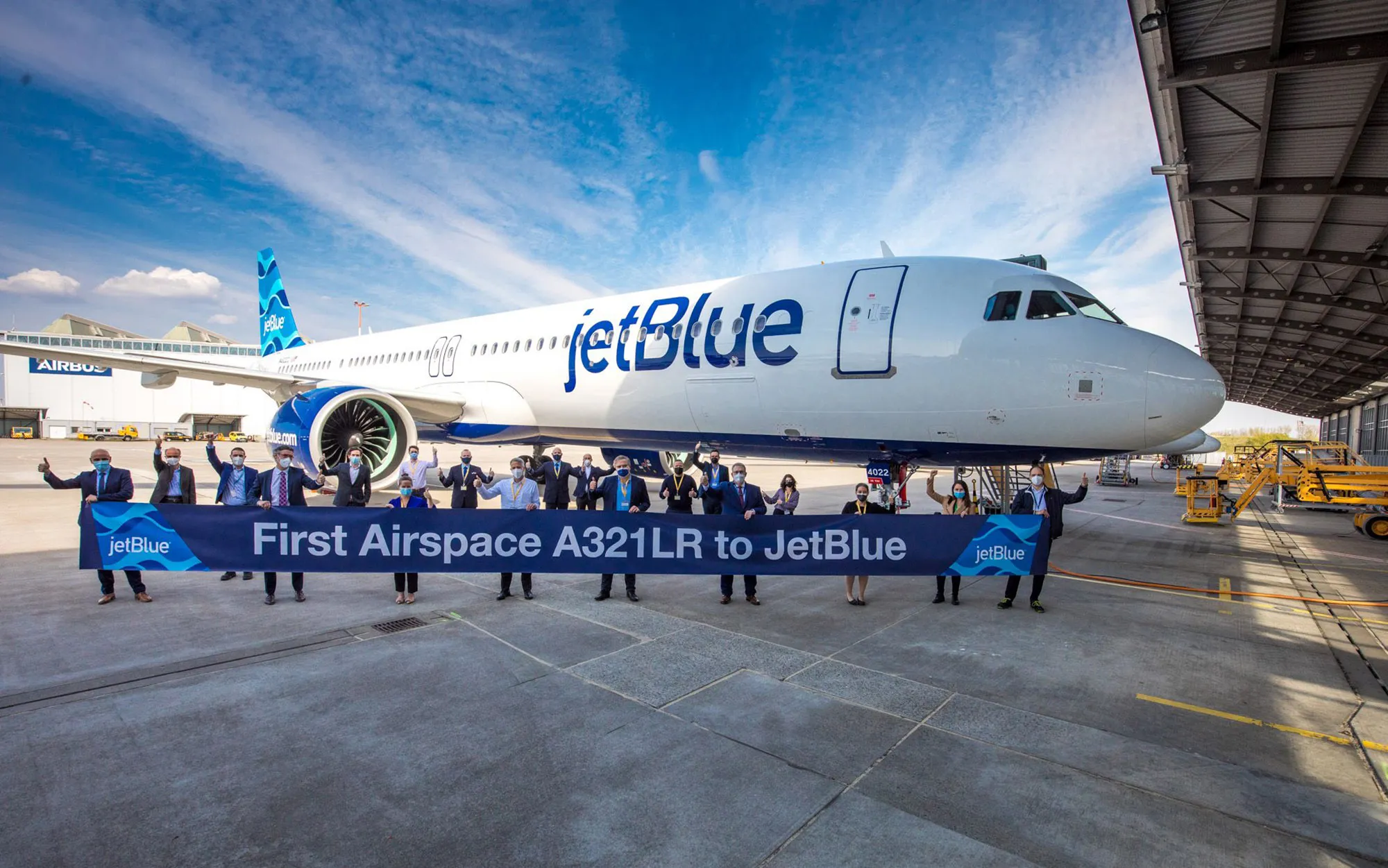The first A321LR outside the Airbus delivery center in Hamburg, Germany.