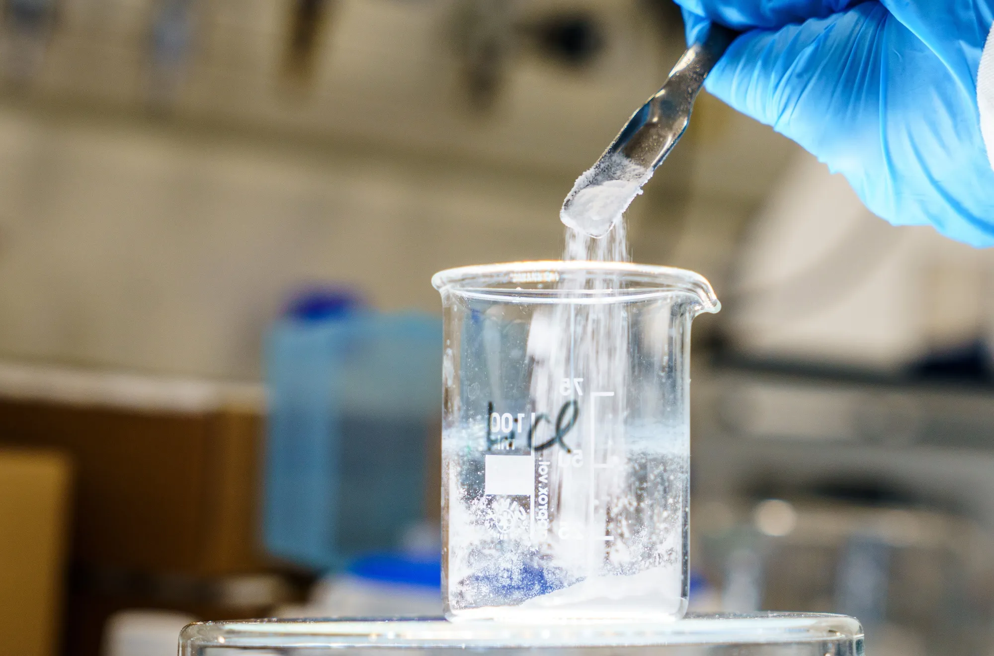Lithium chloride powder is weighed in a&nbsp;laboratory in Karlsruhe, Germany.
