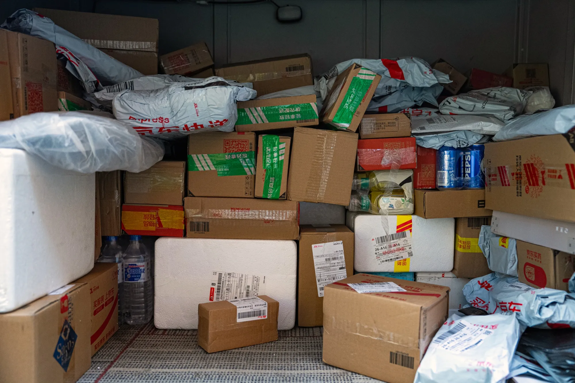 Packages inside a delivery truck in Beijing.