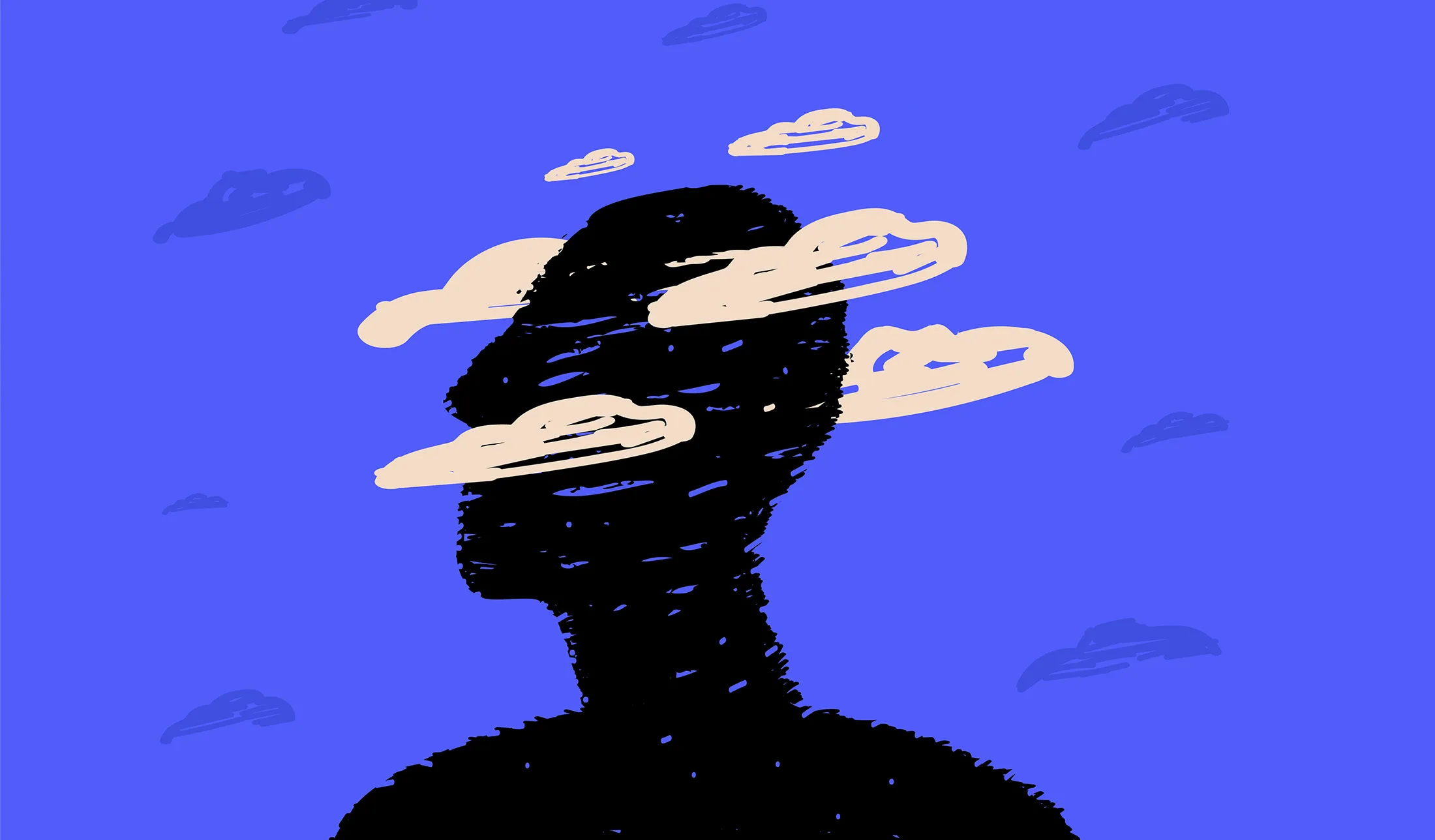 A black silhouette of a head surrounded by clouds, a symbol of postcovid syndrome, brain fog.
