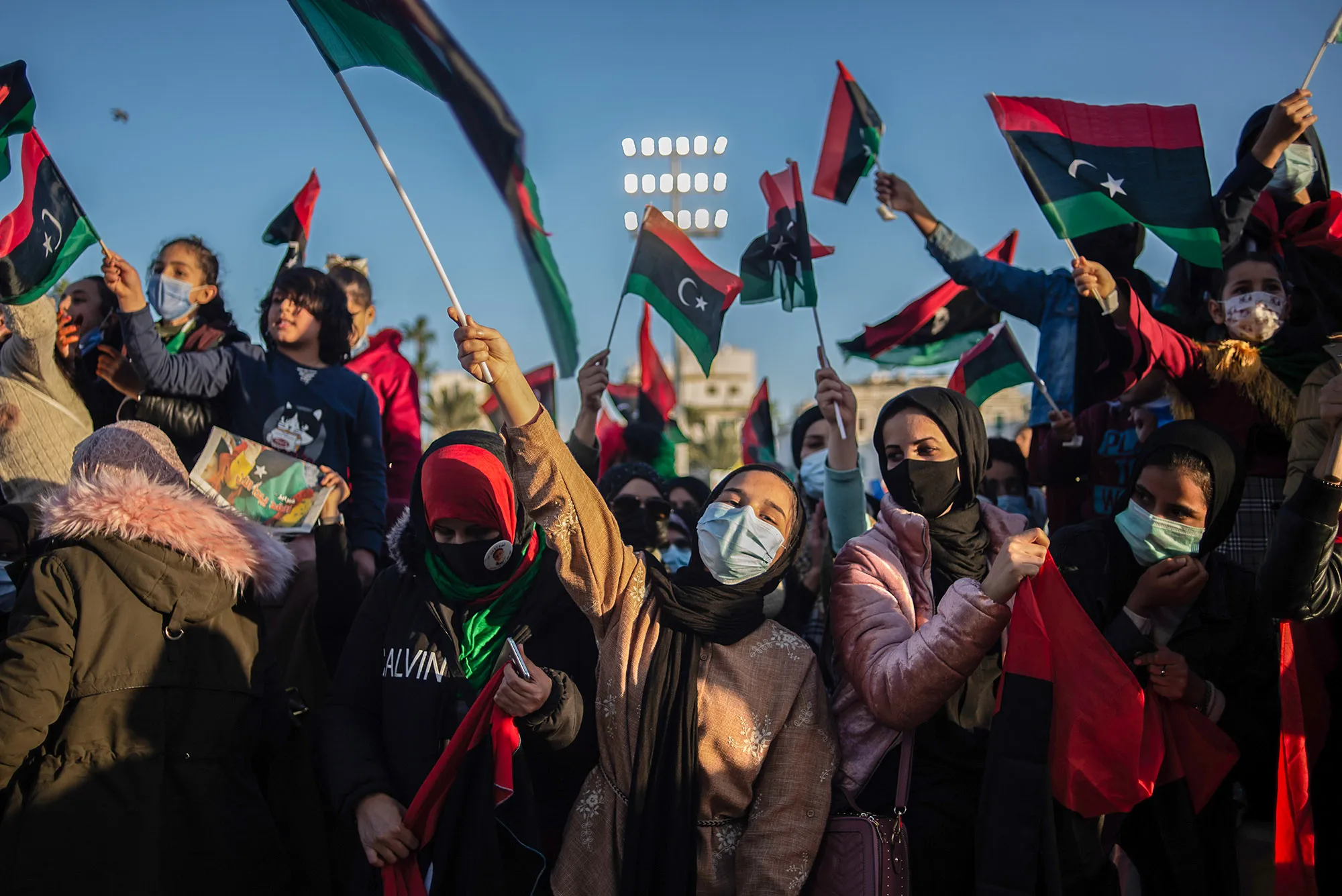 Demonstrators commemorate the tenth anniversary of the Arab Spring in Martyrs Square&nbsp;in Tripoli, Libya on&nbsp;Feb. 17.