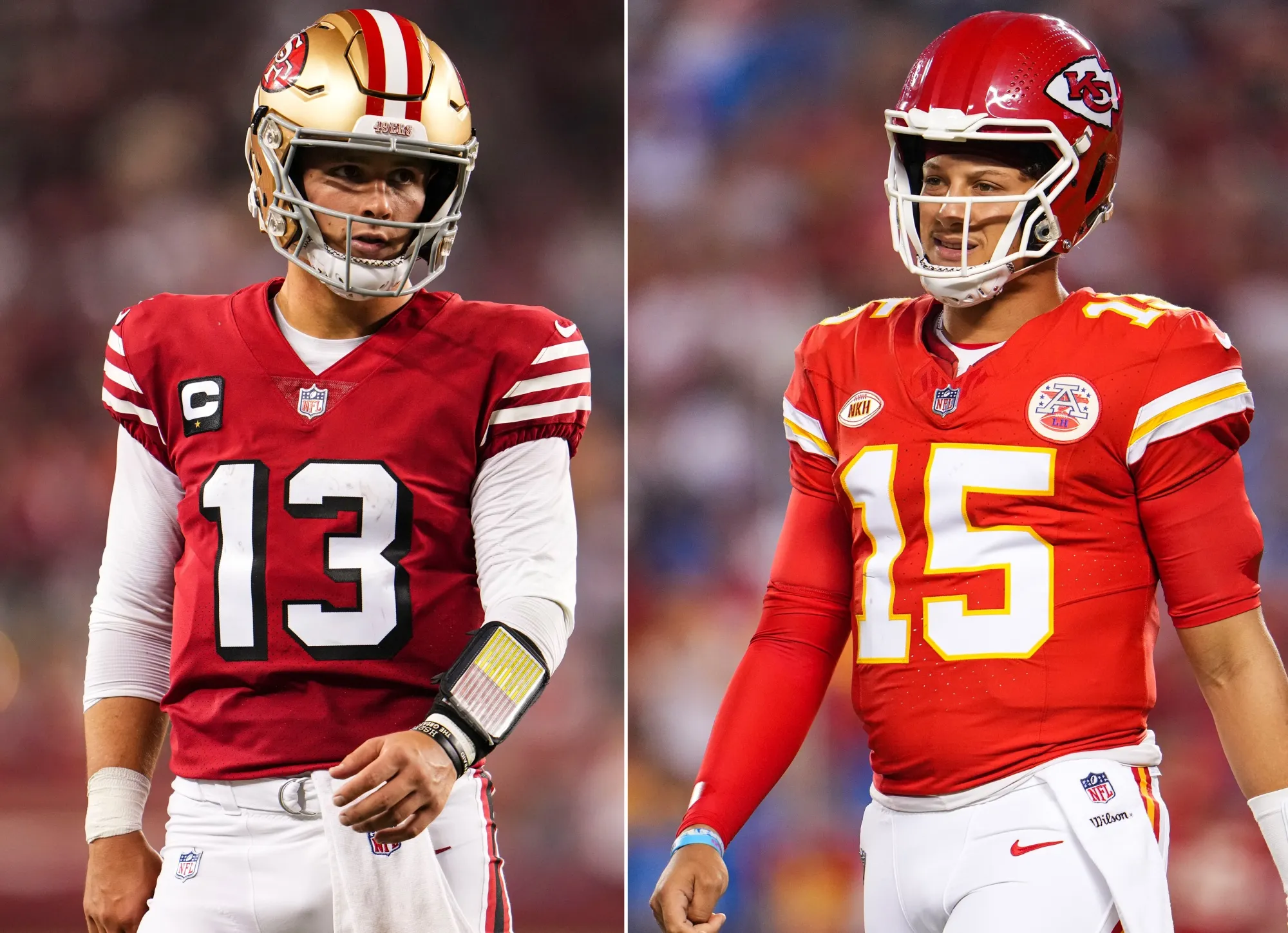 San Francisco 49ers quarterback Brock Purdy and Kansas City Chiefs’&nbsp;Patrick Mahomes in Super Bowl LVIII.