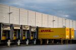 DHL delivery trailers in the loading bay at a sorting office in Berlin, Germany.