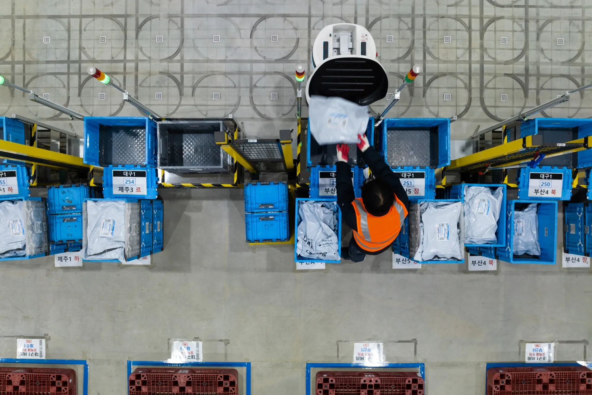 An employee sorts a package transported by a sorting robot at a Coupang fulfillment center in Daegu, South Korea.