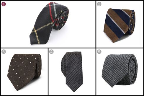 (1) Large windowpane wool, Alexander Olch, $150, olch.com; (2) Club Monaco, $89.50, clubmonaco.com; (3) Polka dot wool blend tie, Dunhill, $150, mrporter.com; (4) Carnaby plaid skinny tie, Bar III, $49.50, macys.com; (5) Charcoal micro check tie, Sprezza, $25, sprezzabox.com.