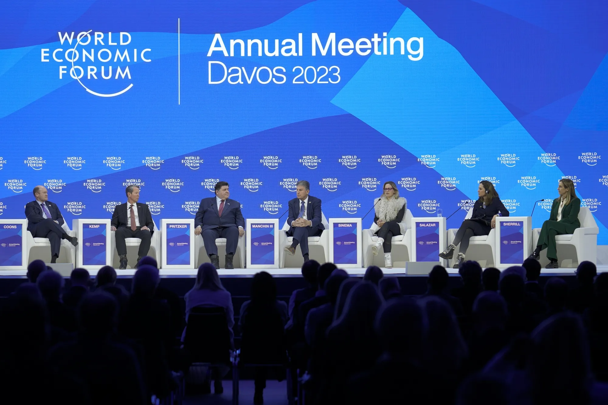 Chris Coons, Brian Kemp, J.B. Pritzker. Joe Manchin, Kyrsten Sinema, Maria Elvira Salazar, and Mikie Sherrill.