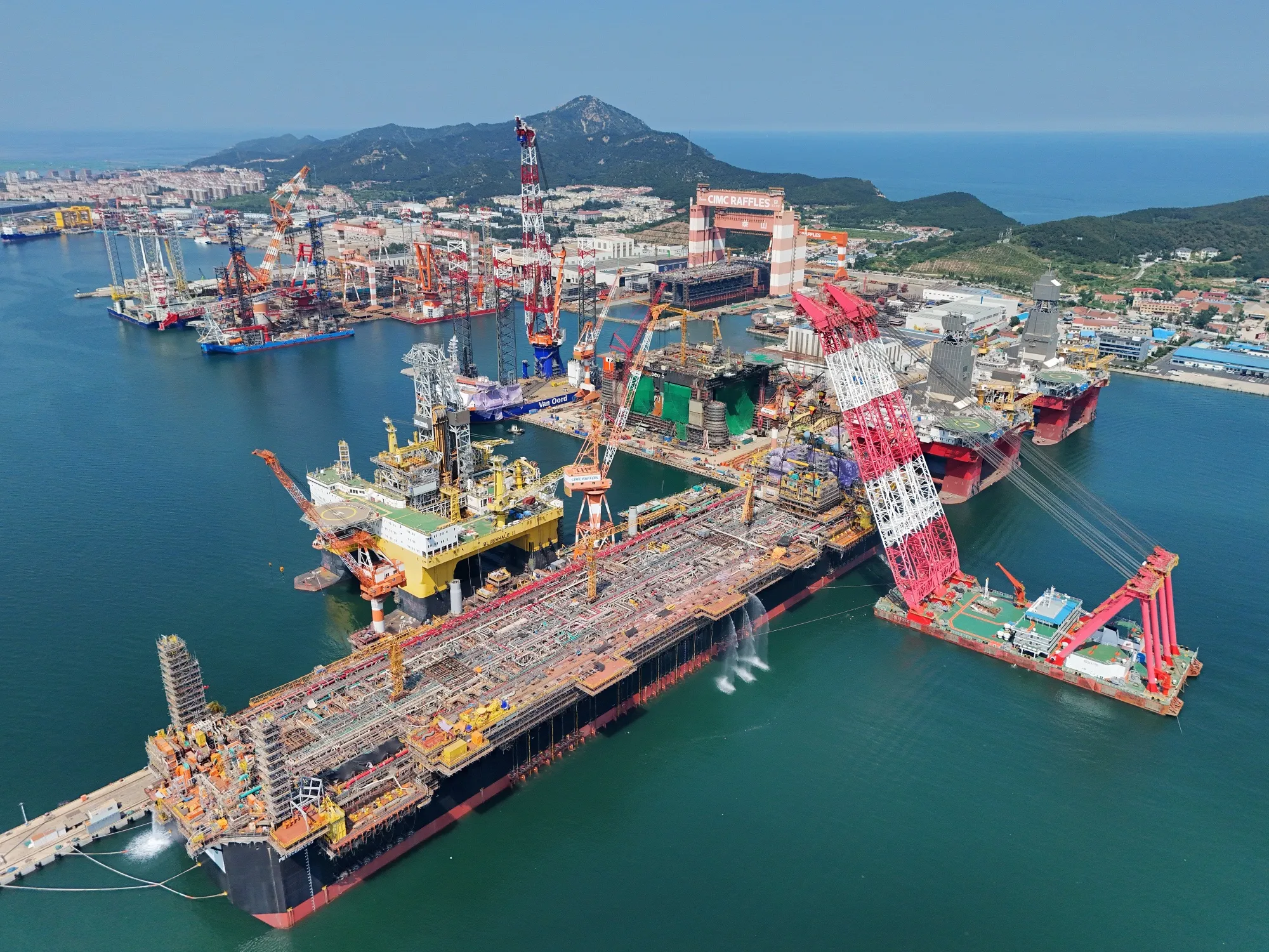 Multi-type offshore equipment and special ships are under construction at CIMC Raffles’ Yantai construction base in China on Sept. 8.