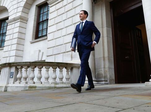 Britain's Chancellor George Osborne's leaves the Treasury in London