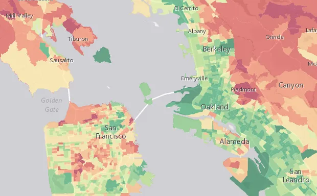 This map shows carbon emissions from the consumption of goods, with red marking high rates of emissions and green marking low.