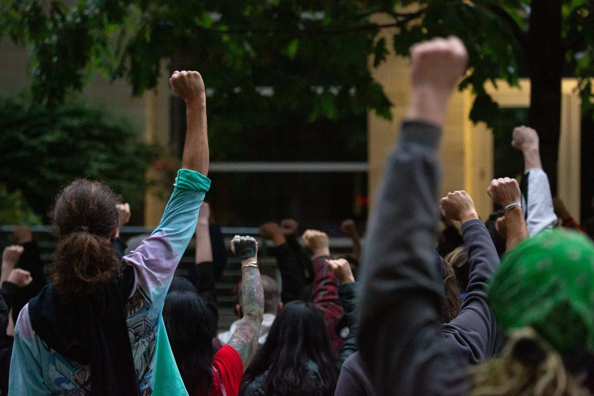 Protesters gather at the Seattle Police Department's West Precinct after marching from the police-free zone known as the Capitol Hill Occupied&nbsp;Protest (CHOP) on June 15, 2020 in Seattle, Washington.&nbsp;
&nbsp;