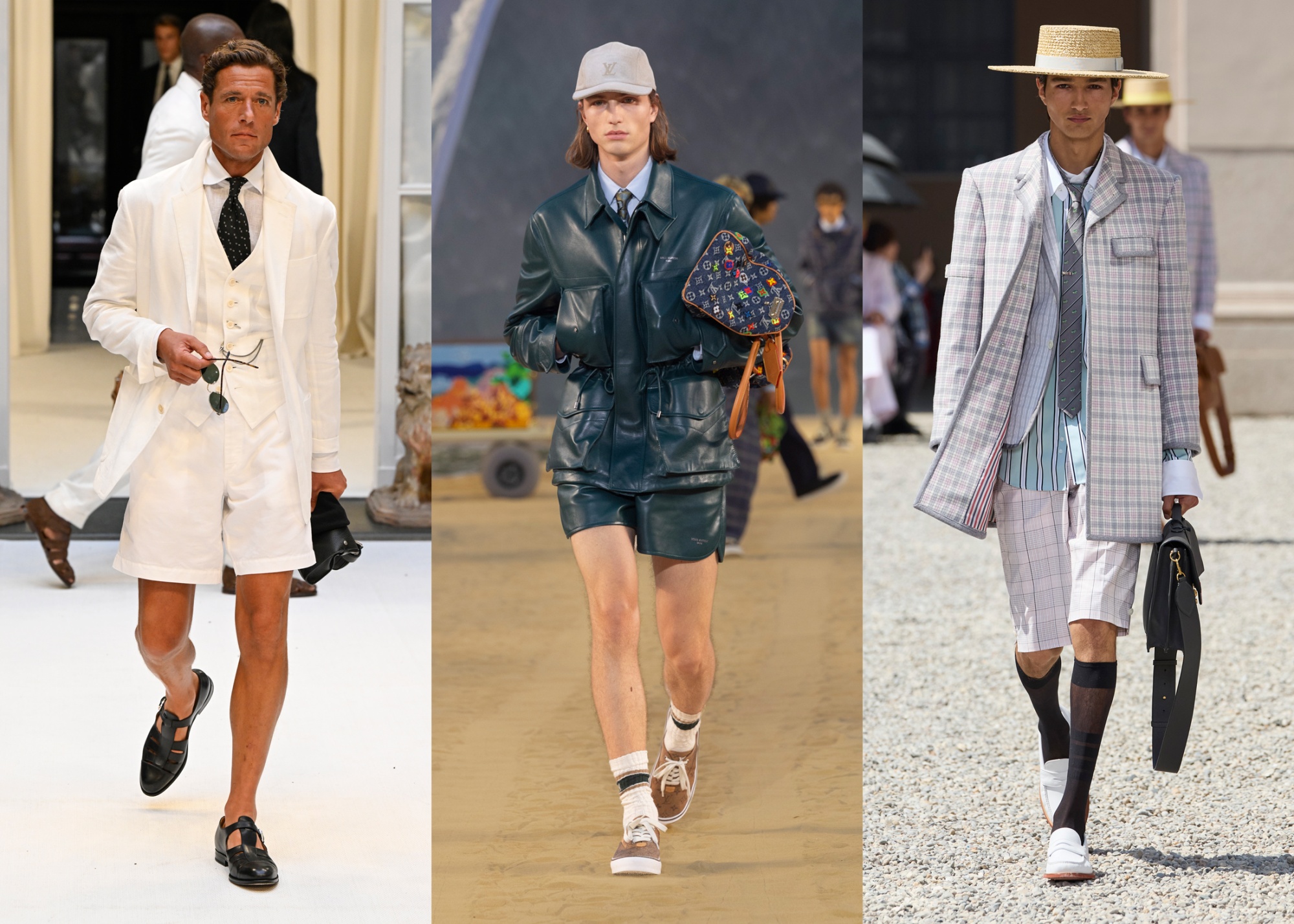 Runway looks by Ralph Lauren, Louis Vuitton and longtime shorts champion Thom Browne at the Spring/Summer menswear shows in June. Photographer: Getty Images (2); Louis Vuitton