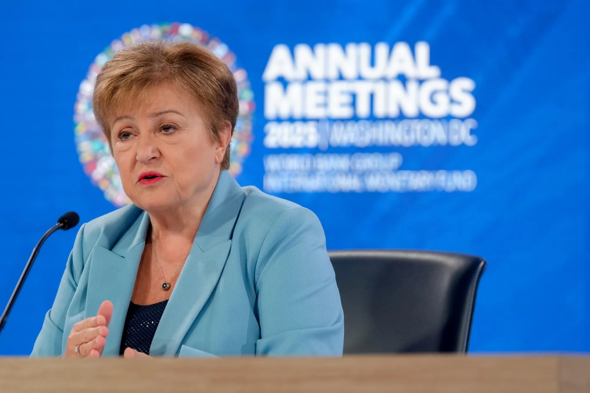 Managing Director of the IMF&nbsp;Kristalina Georgieva, m speaks&nbsp;during the IMF and World Bank Fall meetings at the IMF headquarters in Washington on Oct. 16.&nbsp;