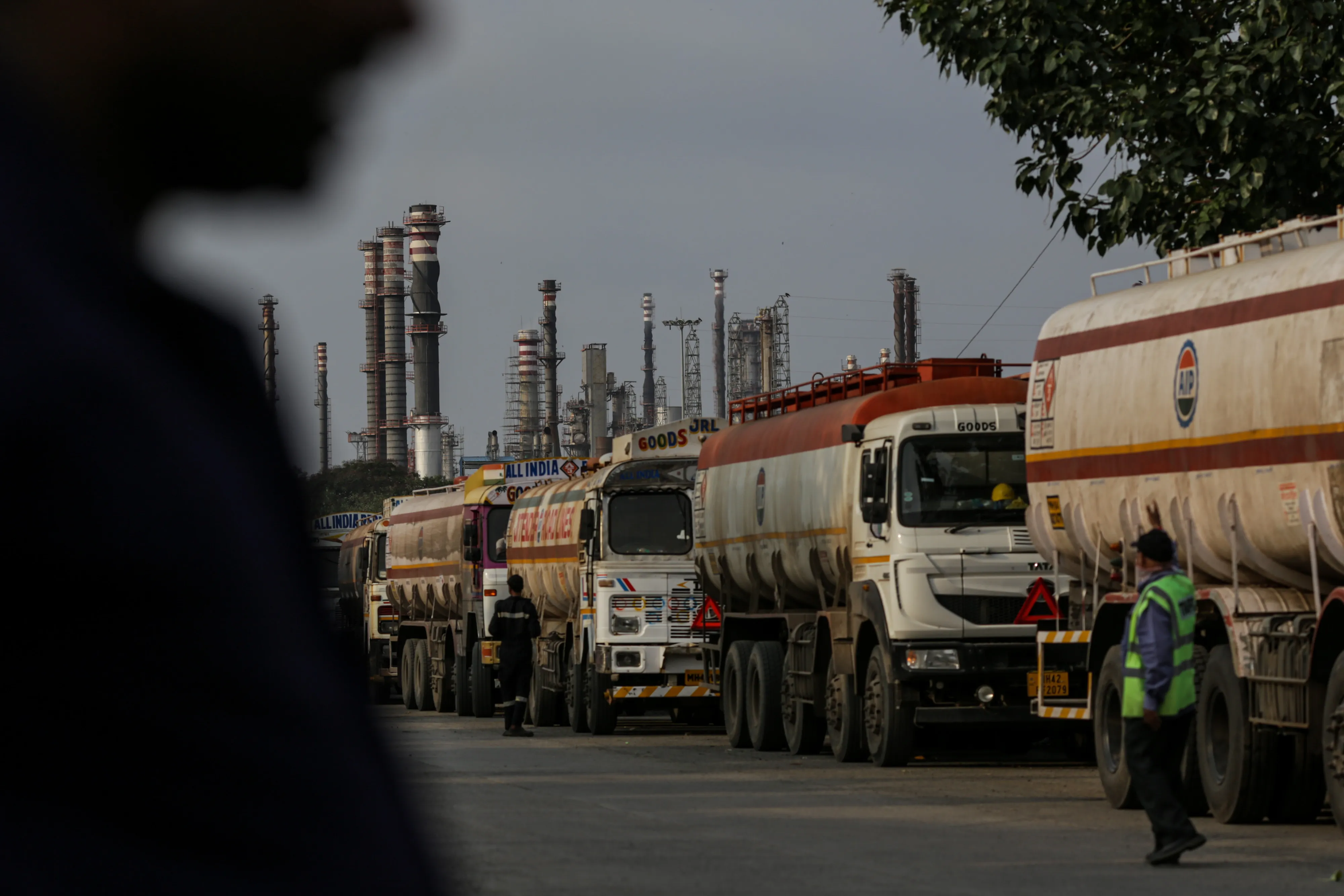 Oil tanker trucks outside an oil refinery in Mumbai.