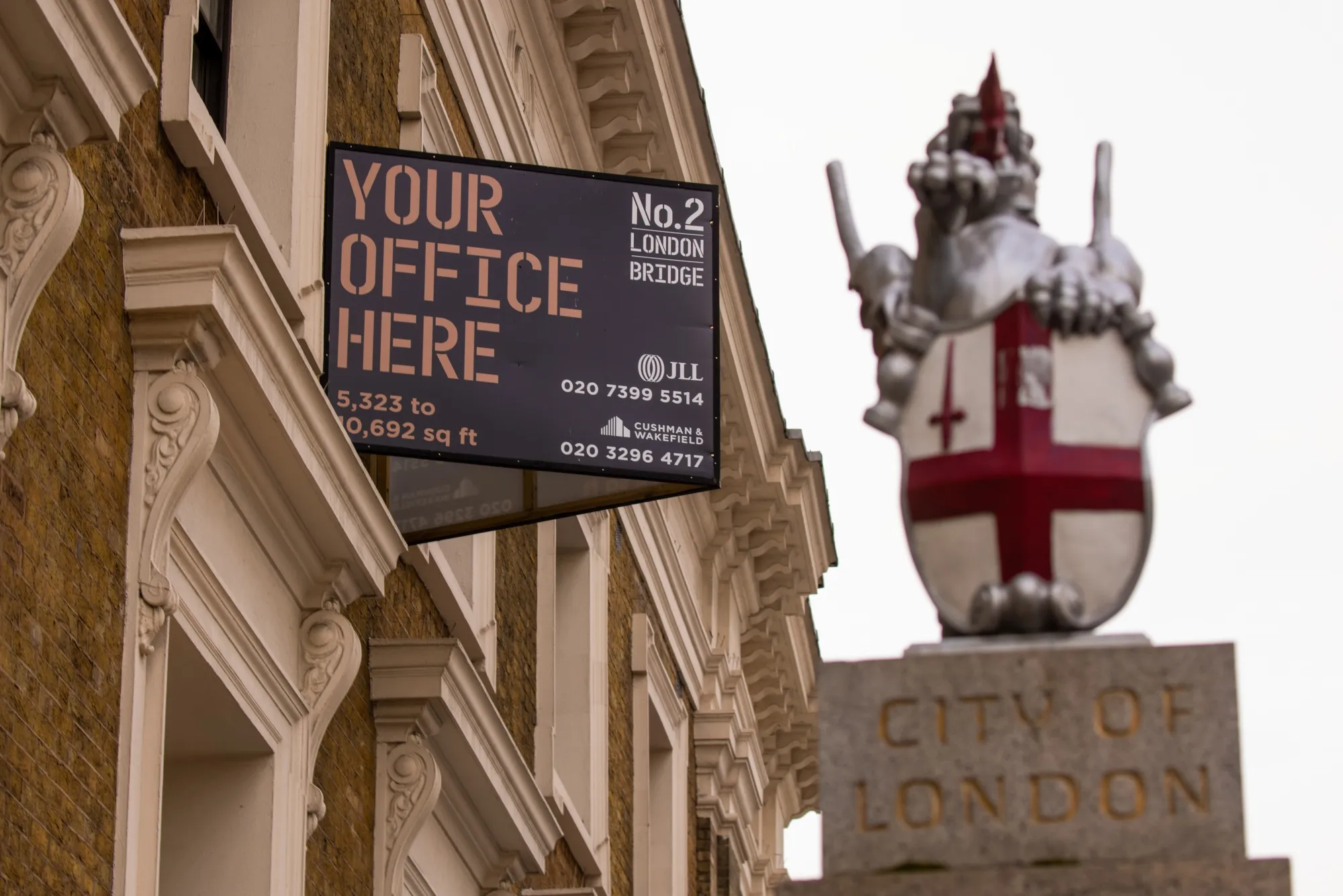 An estate agent's office leasing sign on a building in the City of London. Values in the U.K. capital should jump about 25% over the next five years, outpacing other European capitals, according to DWS researchers.