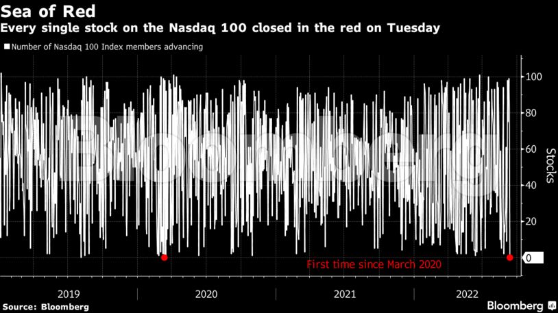 Every single stock on the Nasdaq 100 closed in the red on Tuesday