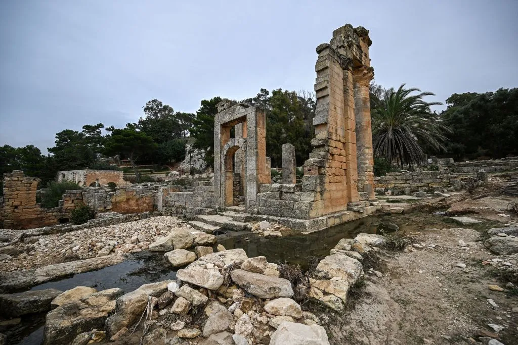 Water flows through the ruins at the site of the ancient Greco-Roman city of Cyrene&nbsp;in eastern Libya,&nbsp;west of Derna, on Sept.&nbsp;21, 2023,&nbsp;in the aftermath of a devastating flood.&nbsp;