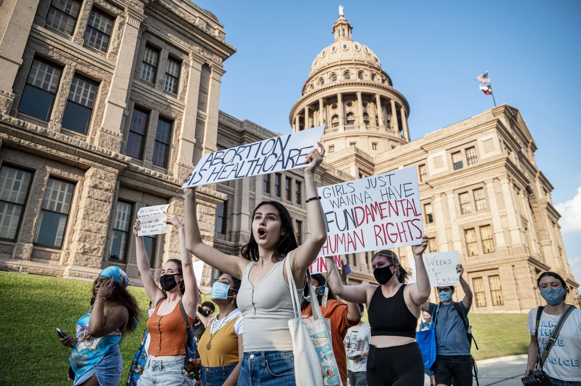 Pro-choice protesters march outside the Texas State Capitol, in Austin, on&nbsp;Sept. 1.