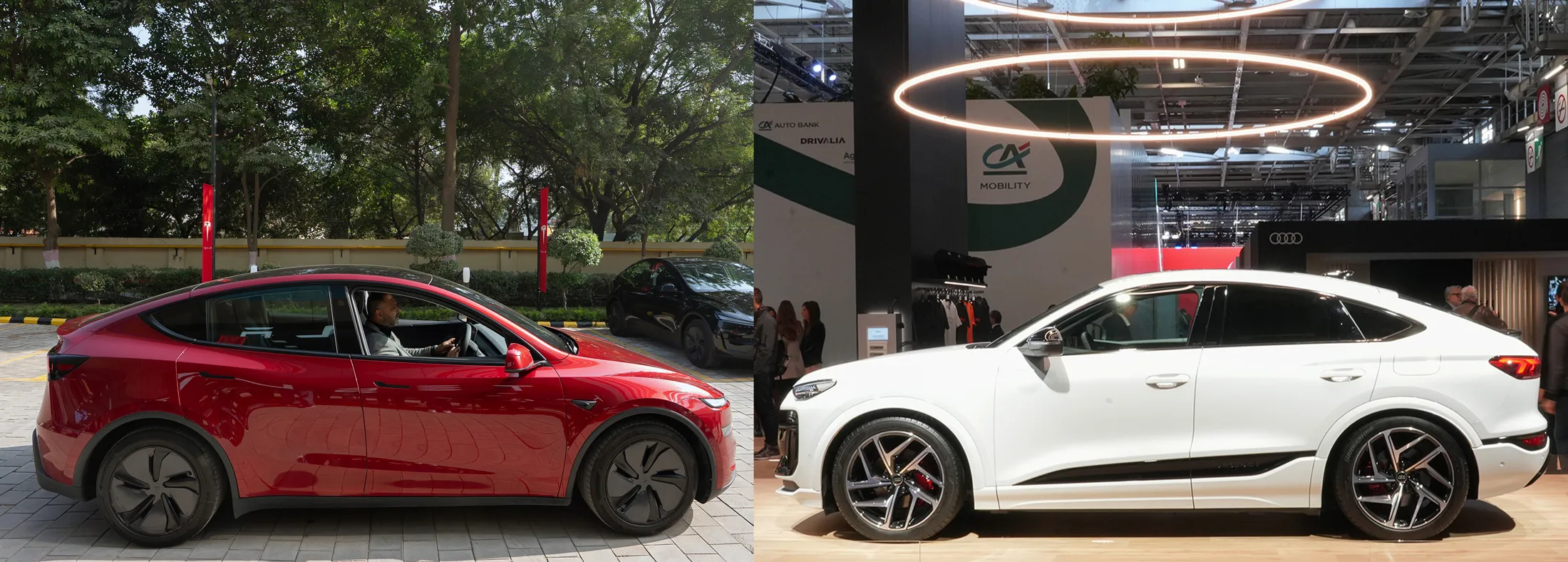 The Tesla Model Y (left) and the Audi Q6 Sportback e-tron are among the dozens of electric vehicles on sale in the US today.