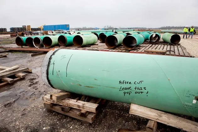 Pipes sit at the TransCanada Houston Lateral Project pipe yard in Mont Belvieu, Tex., on March 5