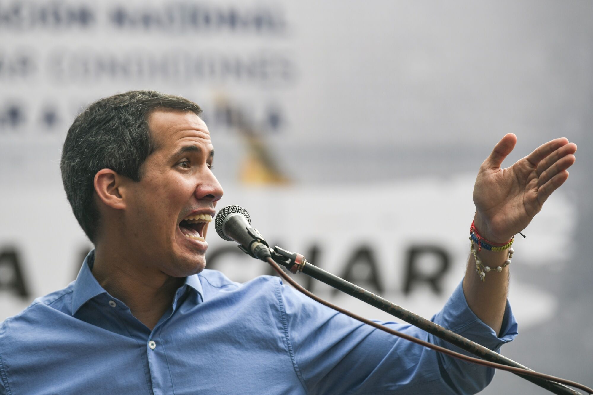 Juan Guaido, president of the National Assembly, speaks during a news conference in Caracas, Venezuela, on Wednesday, Sept. 29, 2021. 