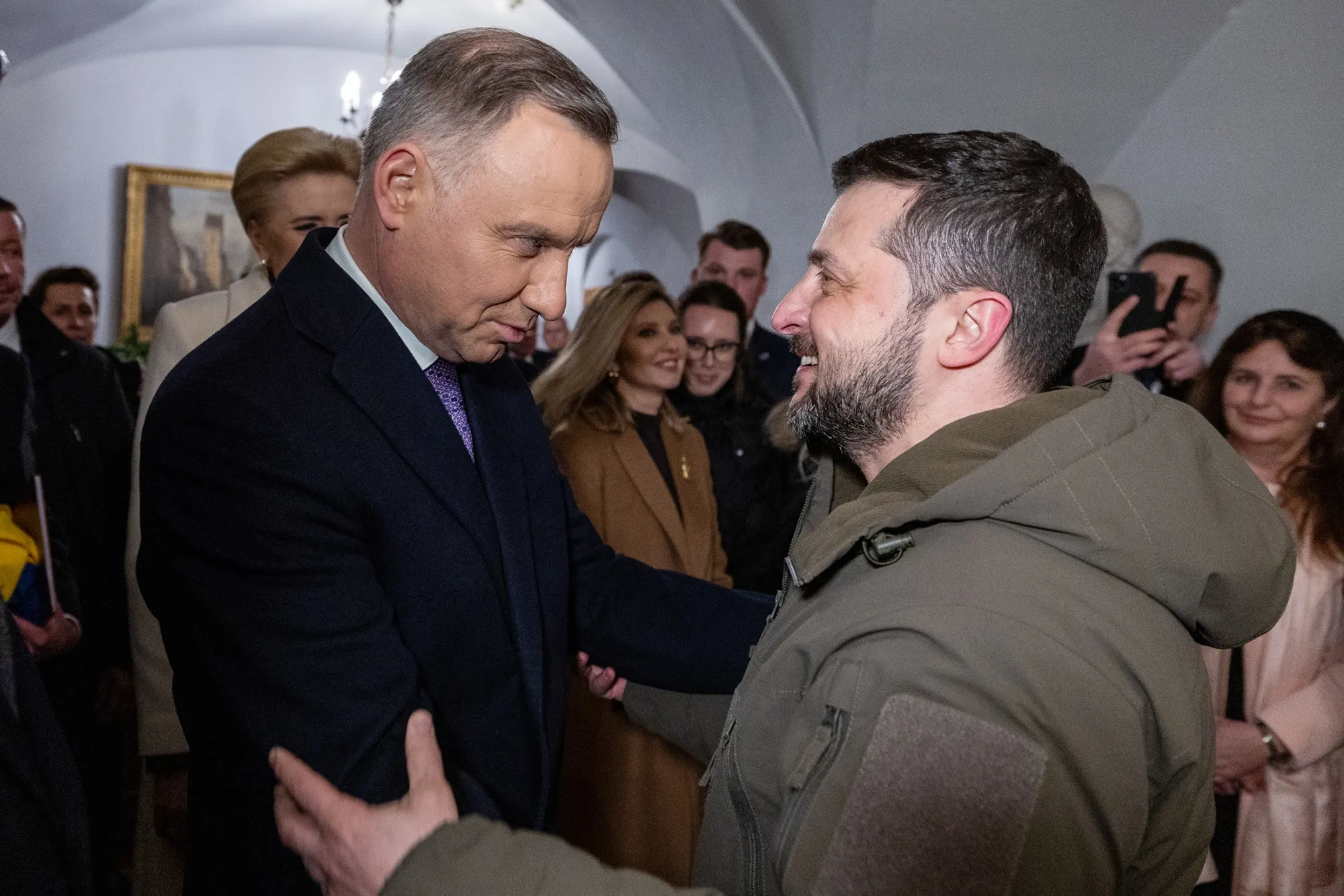 Polish President Andrzej Duda and Ukrainian leader Volodymyr Zelenskiy in Warsaw&nbsp;on April 5.