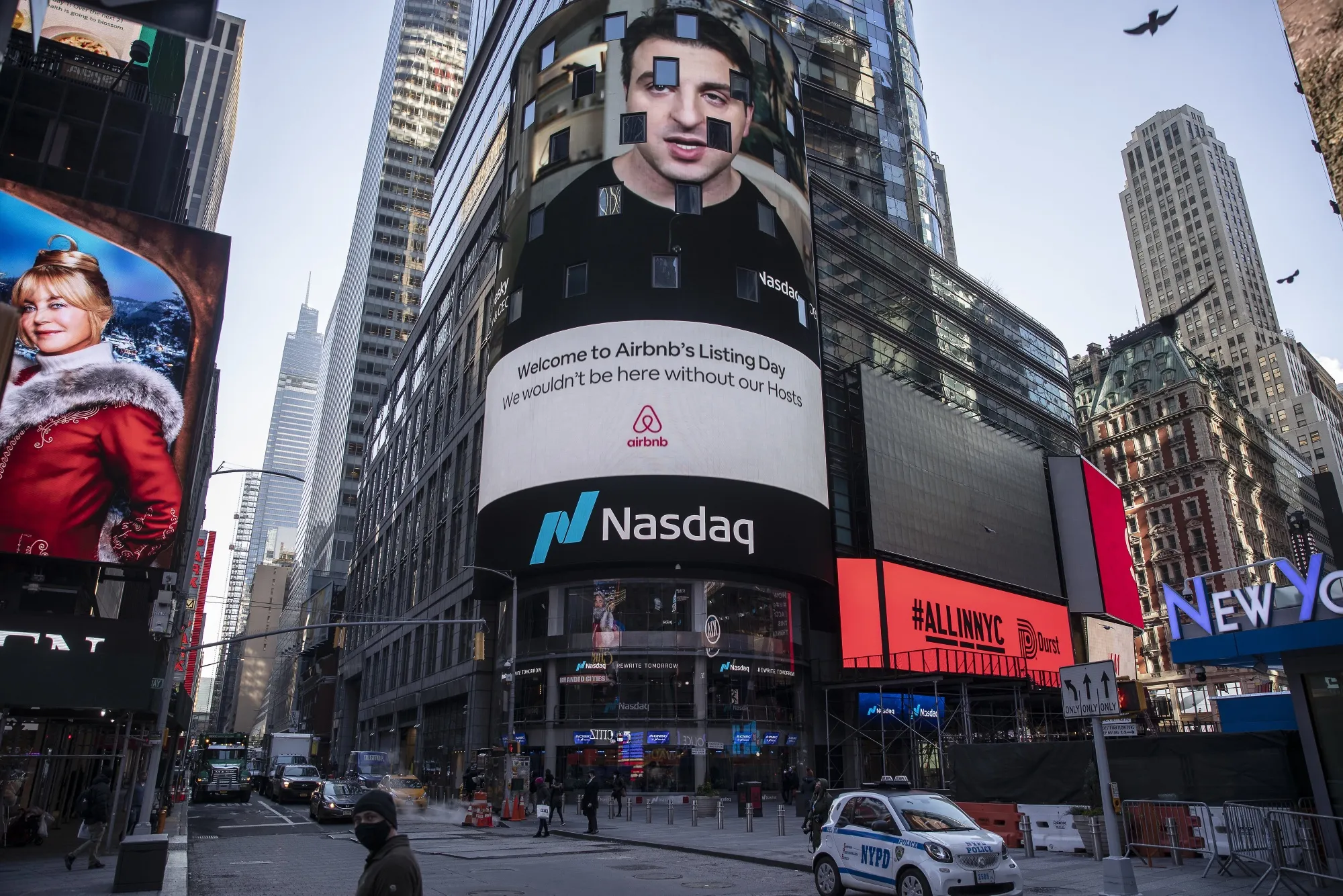 Airbnb CEO Brian Chesky speaks virtually during the company's IPO&nbsp;at the Nasdaq MarketSite in New York, on Dec. 10.