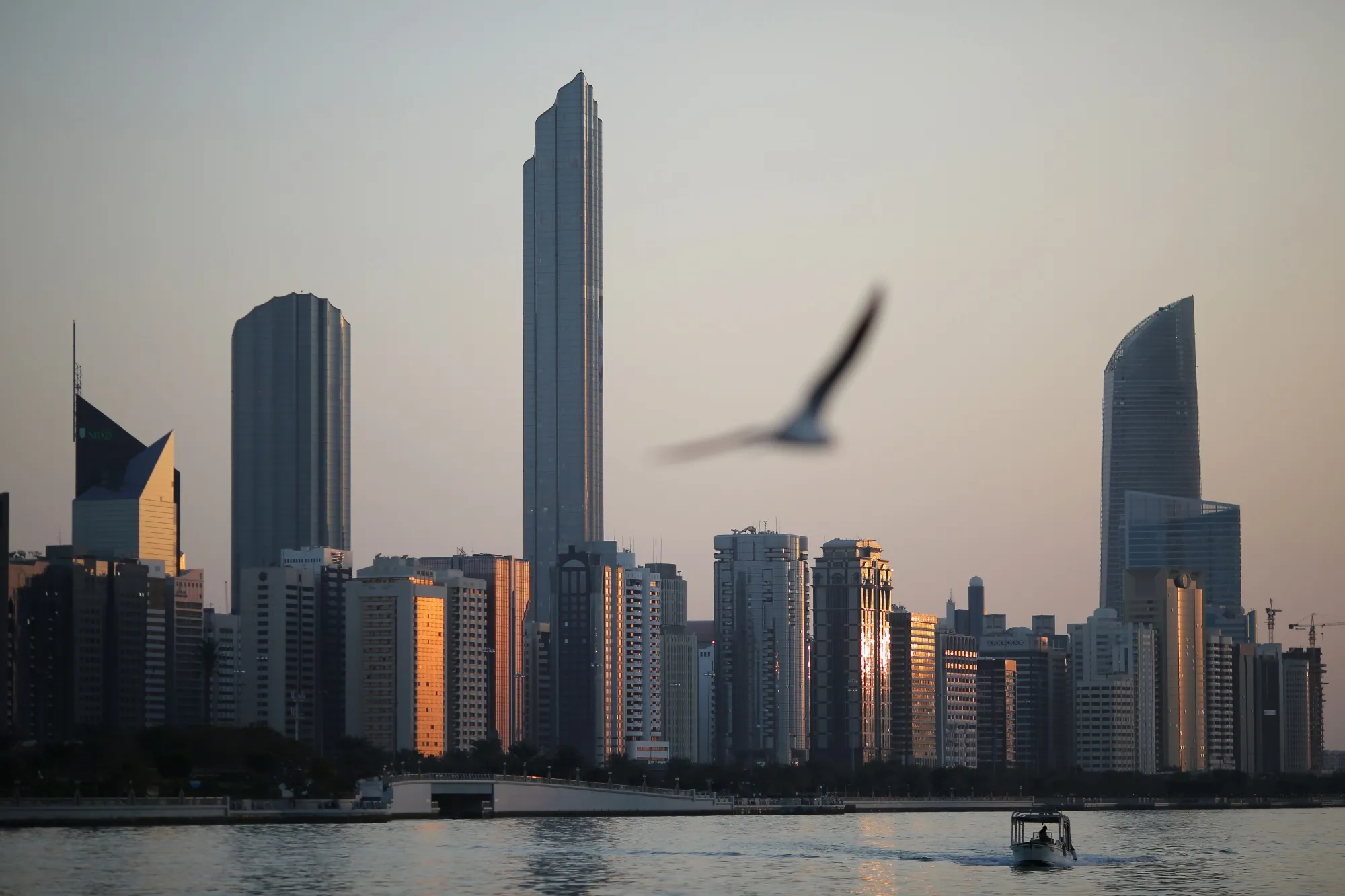A general view of the city skyline at sunset from Dhow Harbour in Abu Dhabi.