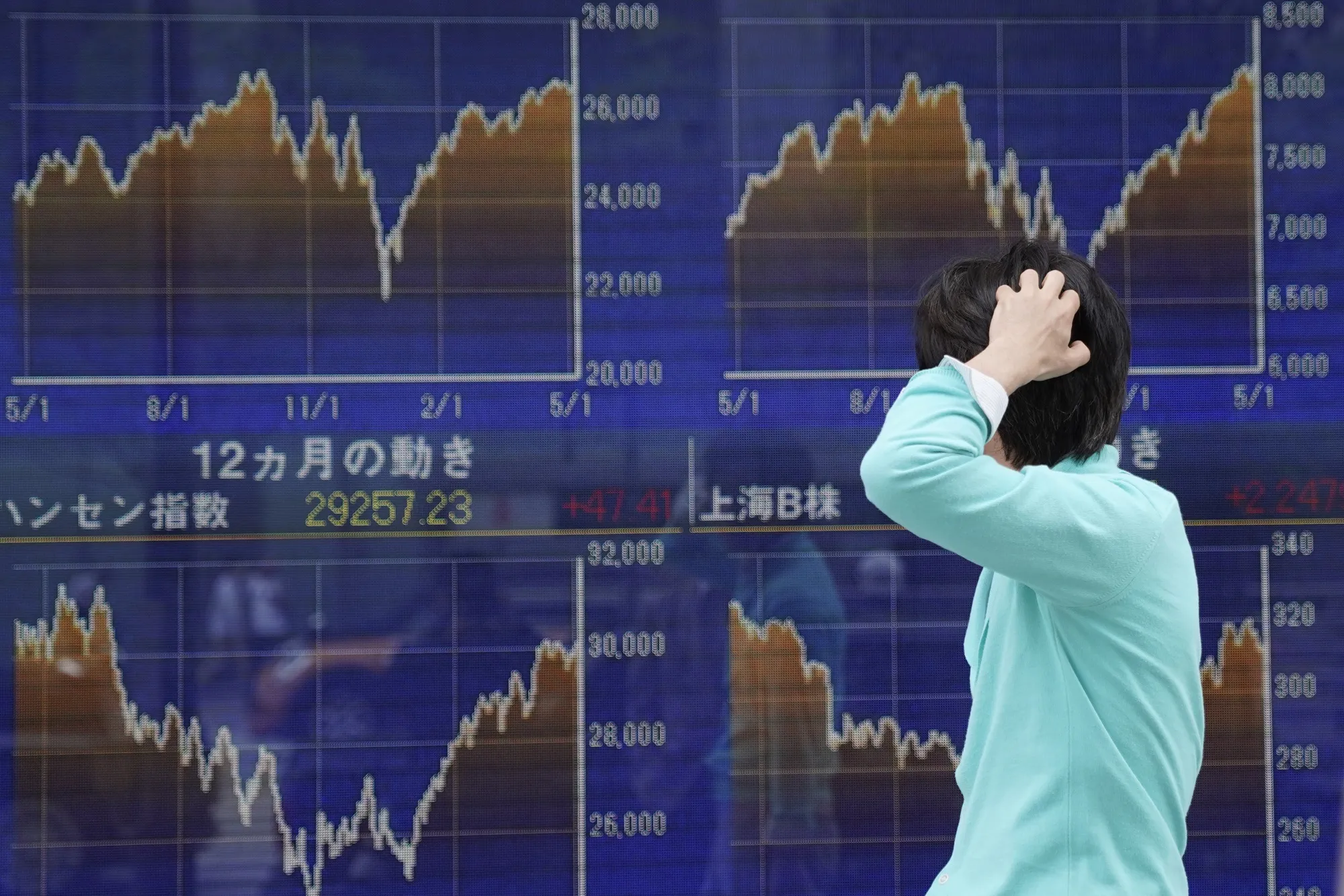 A pedestrian looks at an electronic stock board outside a securities firm in Tokyo.