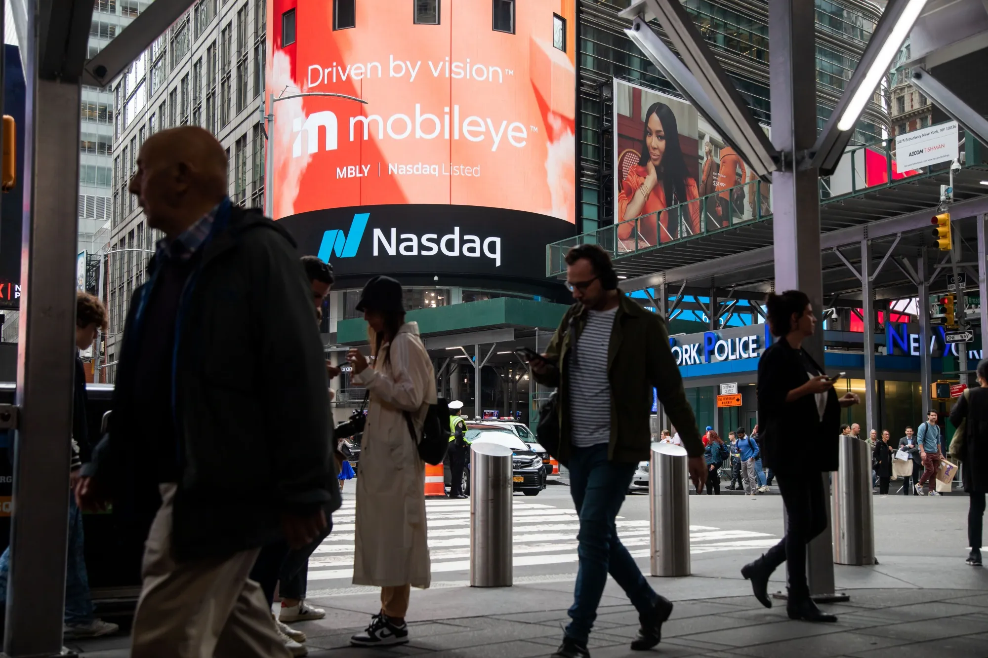 Mobileye signage at the Nasdaq MarketSite in New York.