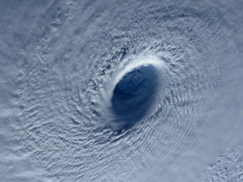 This image taken Tuesday March 31, 2015 shows Typhoon Maysak taken by astronaut Samantha Cristoforetti from the International Space Station.