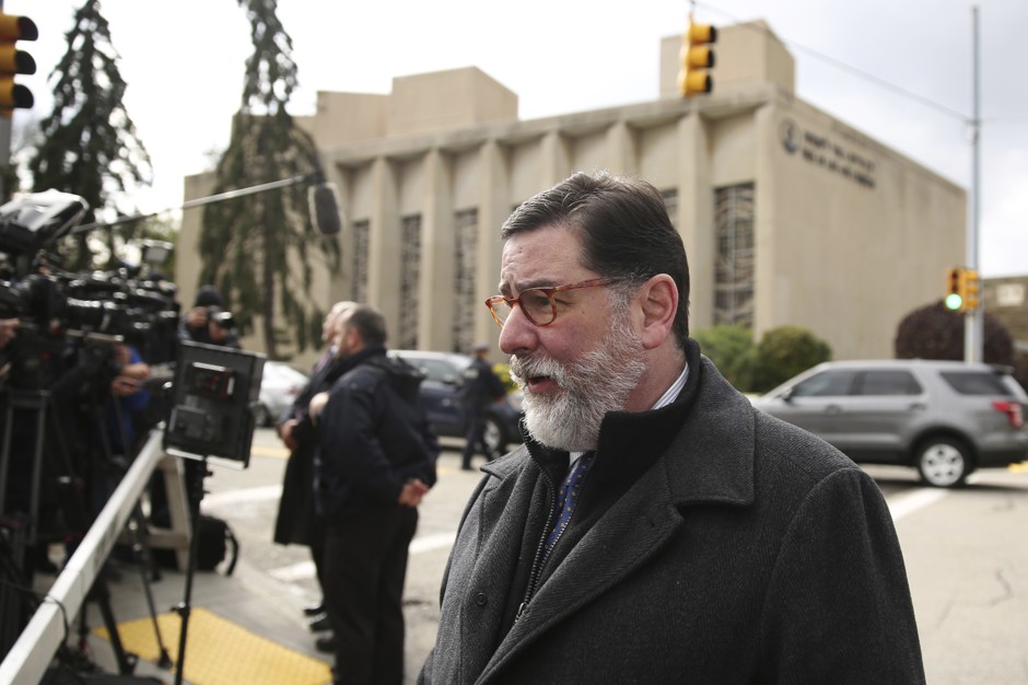 In this Sunday, Oct. 28, 2018 photo, Pittsburgh Mayor Bill Peduto walks near the Tree of Life Synagogue in Pittsburgh.
