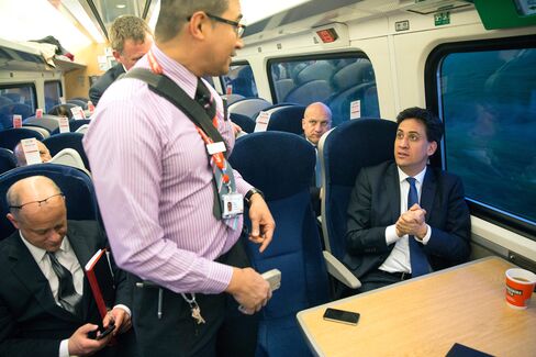 Labour Leader Ed Miliband travels back by train from Leeds to London after speaking at an election rally, on April 23, 2015.
