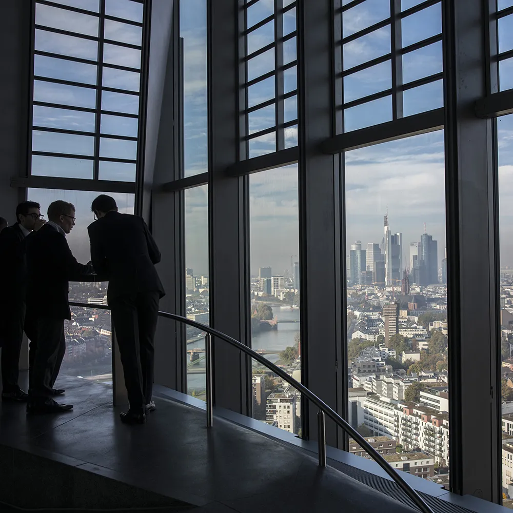 Visitors take in the Frankfurt skyline.