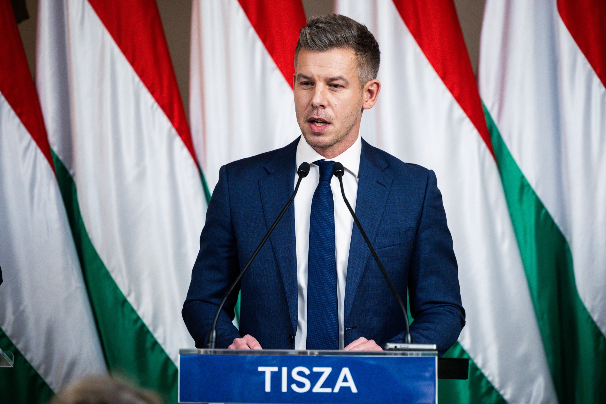 Peter Magyar, leader of the Tisza party, during a news conference in Budapest, Hungary, on Monday, Jan. 5, 2026. Hungary is heading into pivotal elections, with Magyar leading most polls ahead of a vote that's likely to take place in April. Photographer: Akos Stiller/Bloomberg