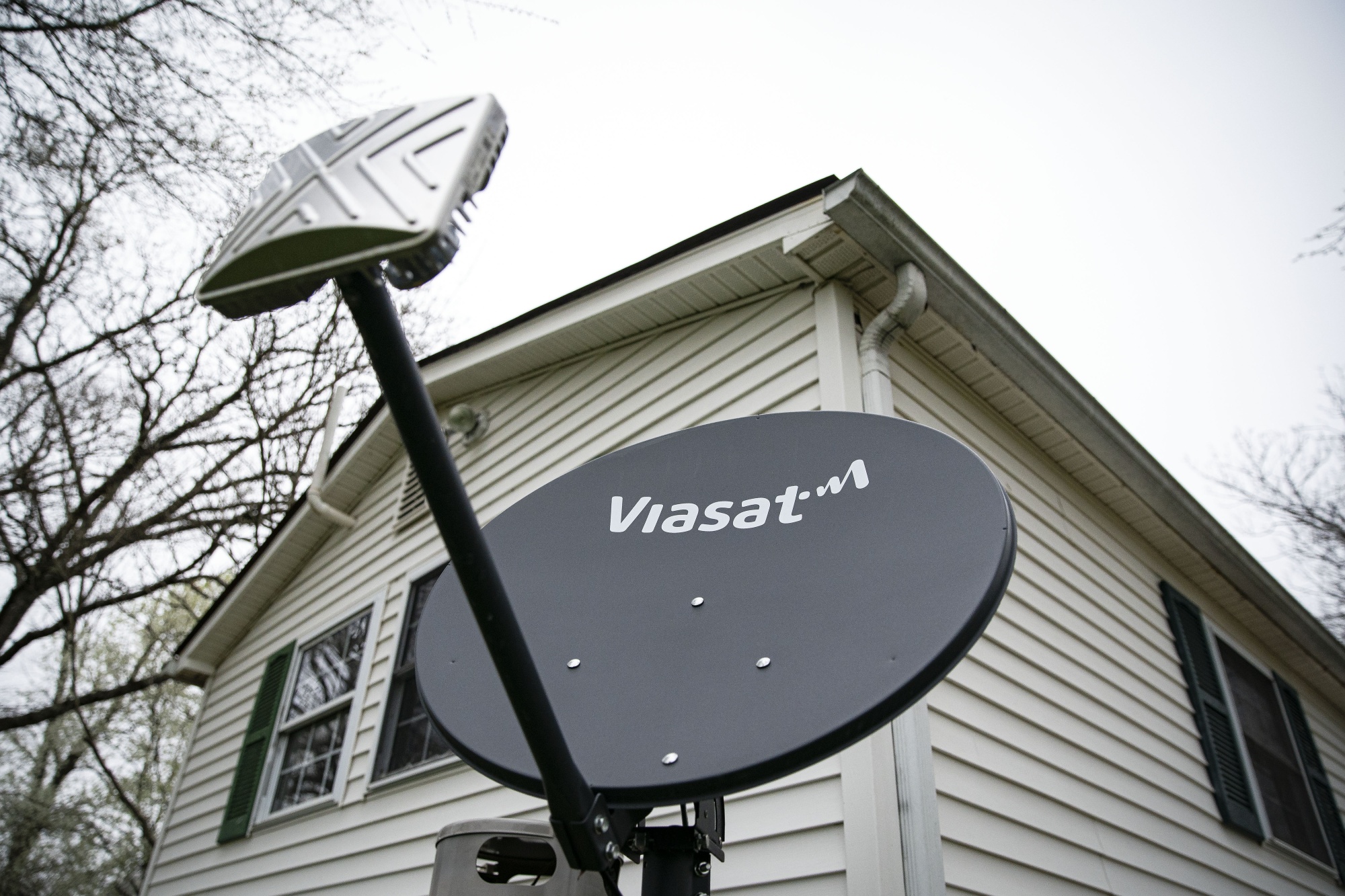 A Viasat satellite dish outside a home in Madison, Virginia.