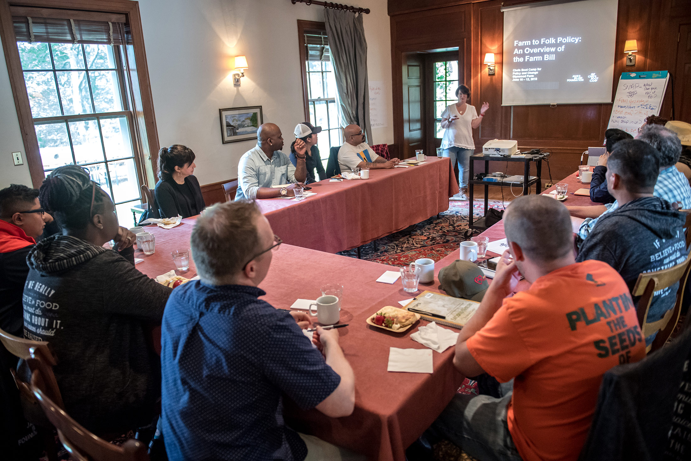 Katherine Miller, James Beard Foundation Vice President of Impact, leads a skills training session at the James Beard Foundation’s&nbsp;Chefs Boot Camp for Policy and Change at Glynwood Farms in Cold Spring, New York.