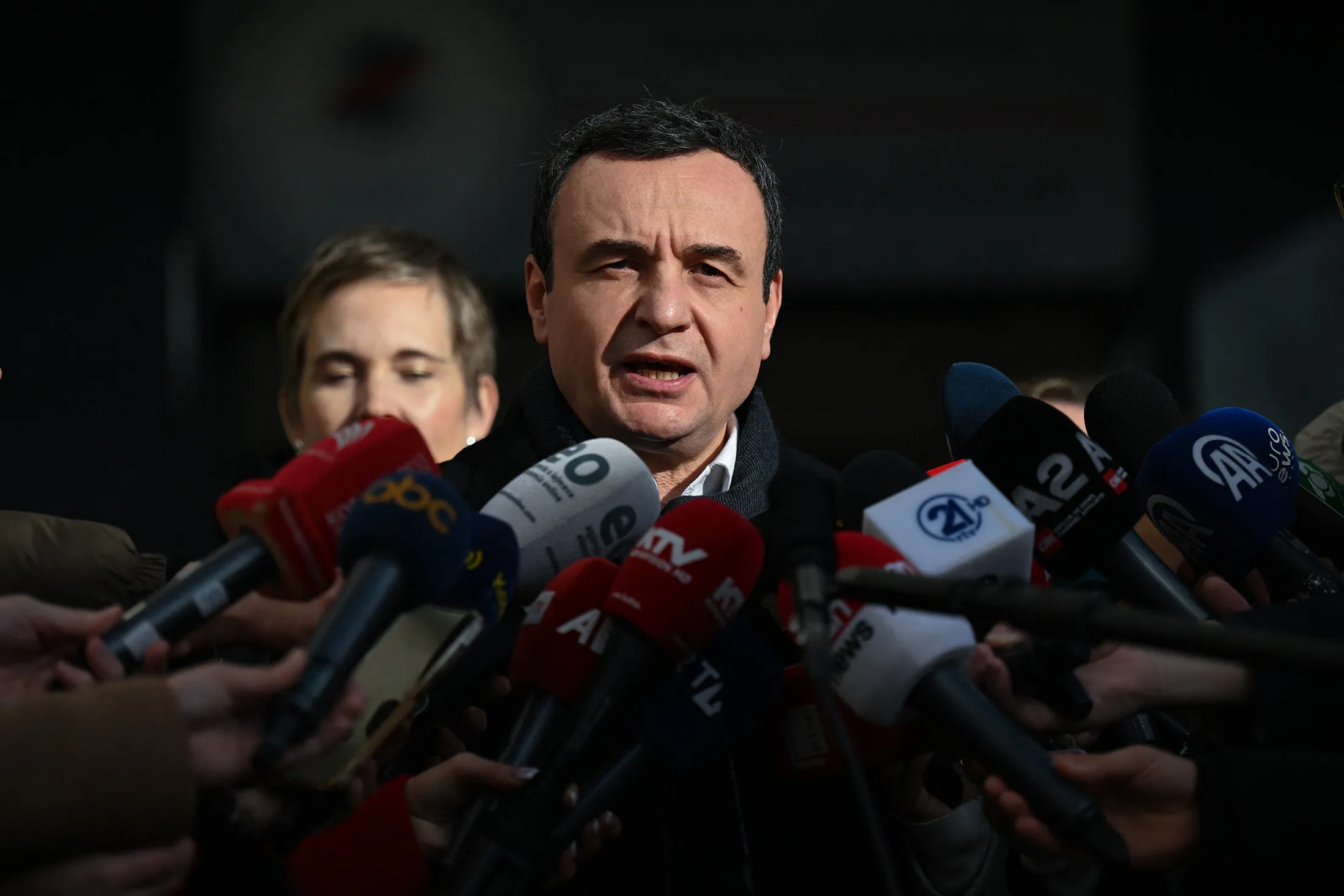 Prime Minister Albin Kurti speaks to members of the media&nbsp;after casting his vote at a polling station in Pristina, Kosovo, on Dec.&nbsp;28.
