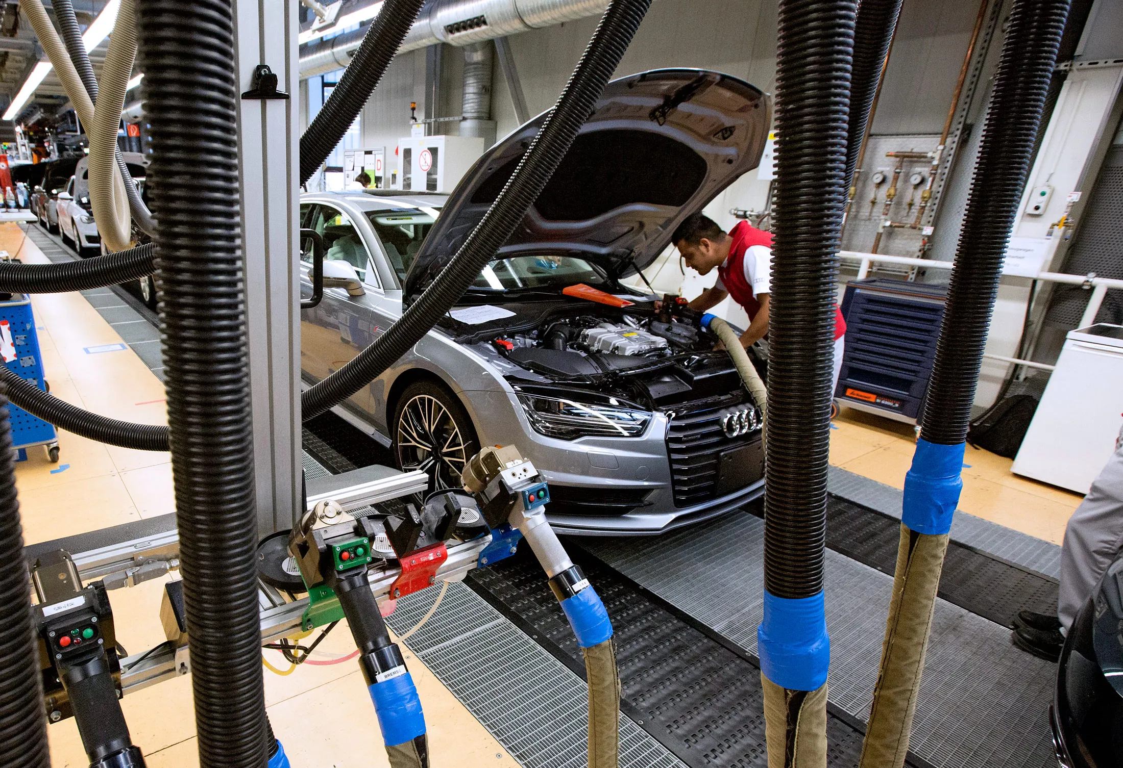 An Audi A7 passes along the final production line inside the carmaker's factory in Neckarsulm, Germany.
