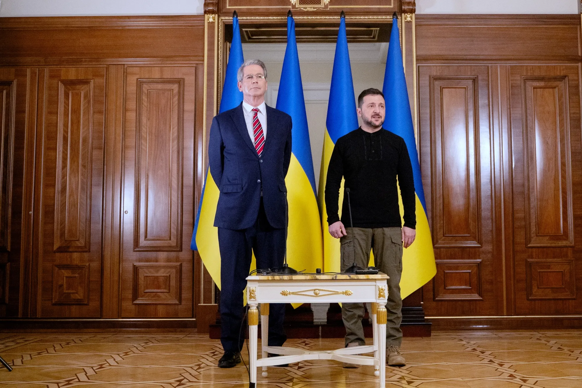 Volodymyr Zelenskiy, right, with Scott Bessent in Kyiv on Feb. 12.