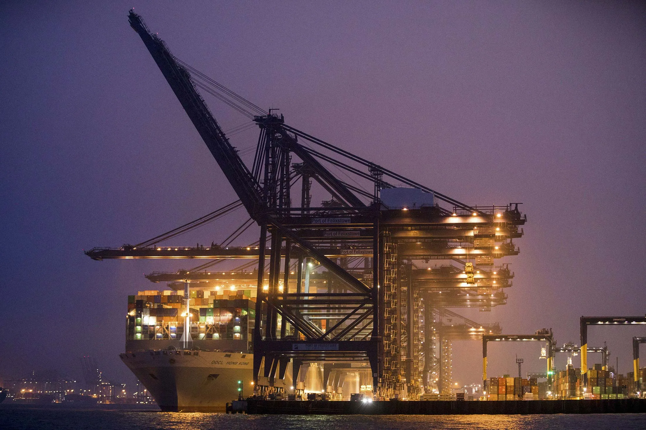 A ship docked at Felixstowe, Britain’s largest container port.