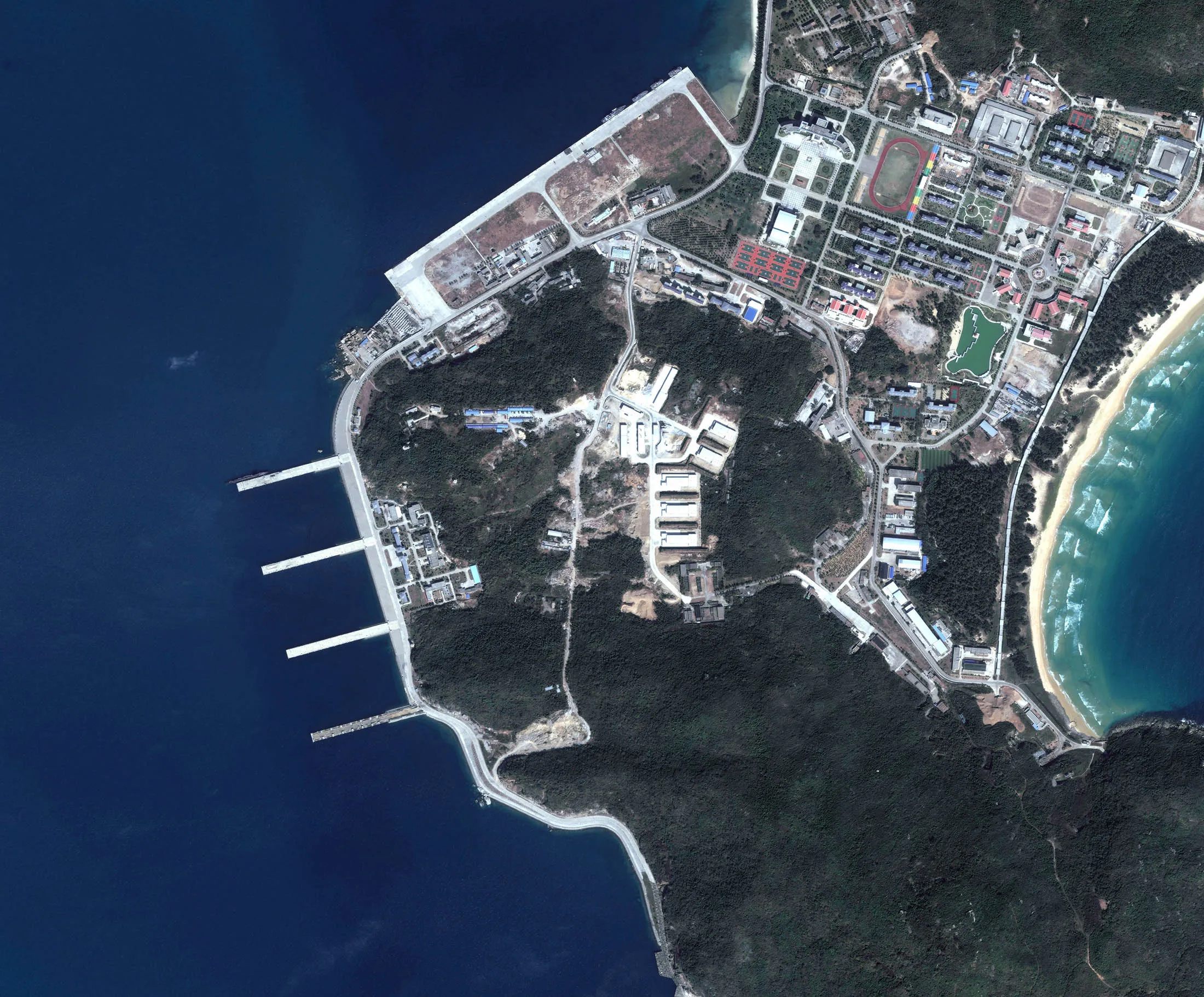 YULIN NAVAL BASE, HAINAN ISLAND, CHINA - FEBRUARY 4, 2011: DigitalGlobe close-up satellite imagery of the Yulin Naval Base shows a ported submarine. According to several intelligence agencies, the Yulin Naval Base is an underground naval base for nuclear submarines along the southern coast of Hainan Island, People's Republic of China. Image was taken on February 4th, 2010. (Photo DigitalGlobe via Getty Images)
