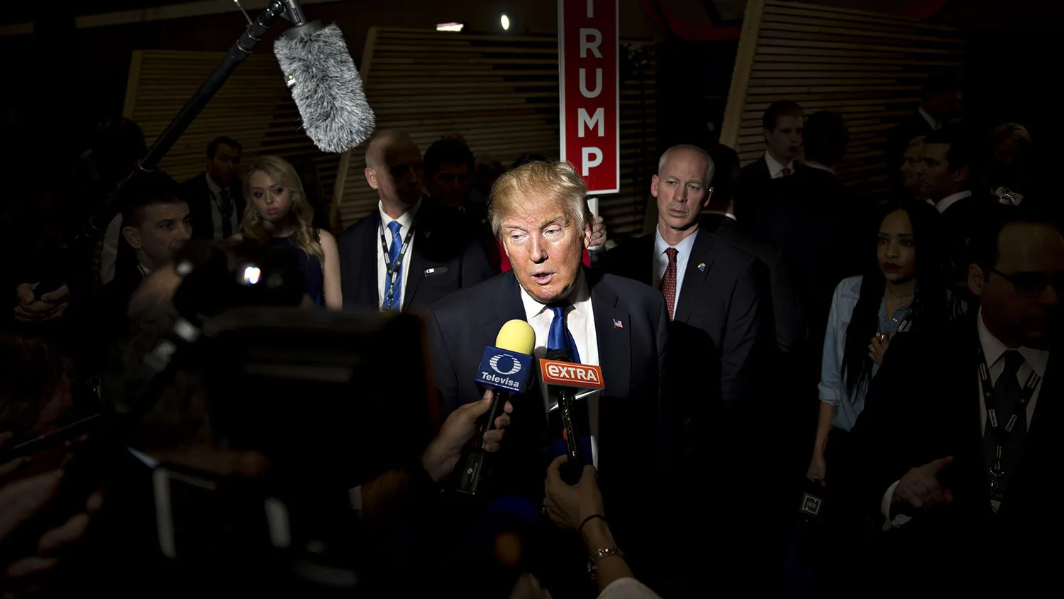 Donald Trump speaks to members of the media after a debate in Houston on Feb. 25, 2016

